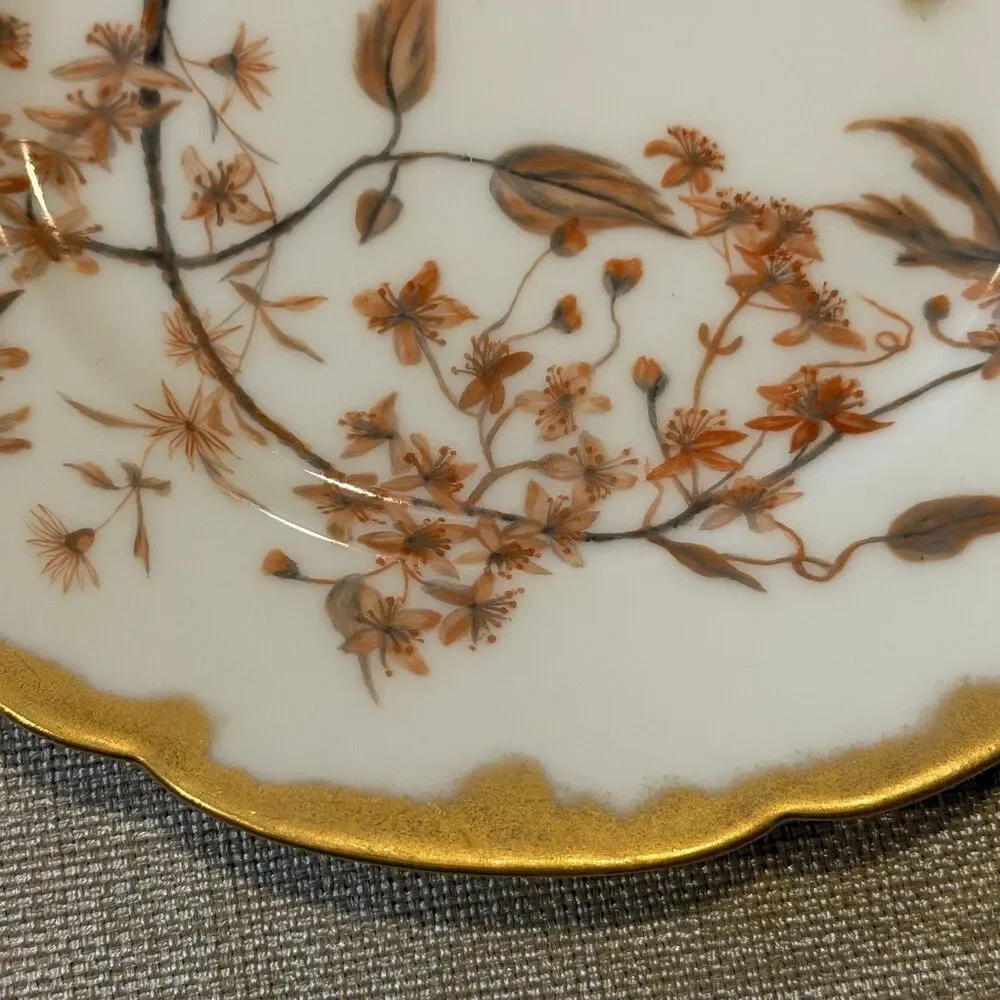 Antique H & Co Limoges Hand Painted Floral Orange Gold 7 3/4” Gold Edge Soft